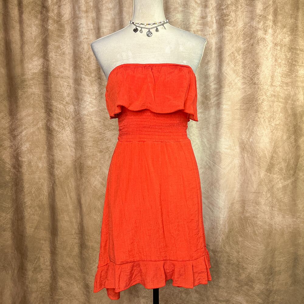 Y2K Strapless Mini Dress Orange Ruffle Trim Smocked Bodice High Low Boho Summer